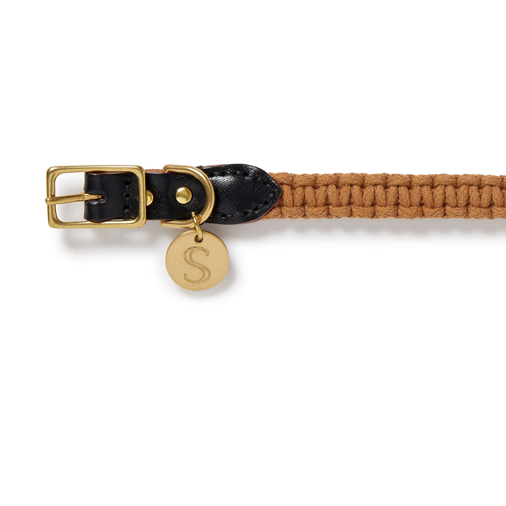 Macramé/Leather Dog Collar - Biscuit