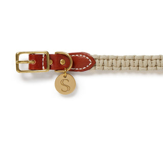 Macramé/Leather Dog Collar - Cognac/Beige