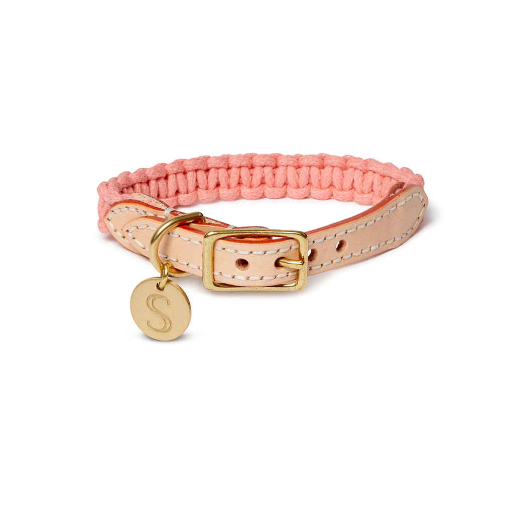 Macramé/Leather Dog Collar - Rose Pink