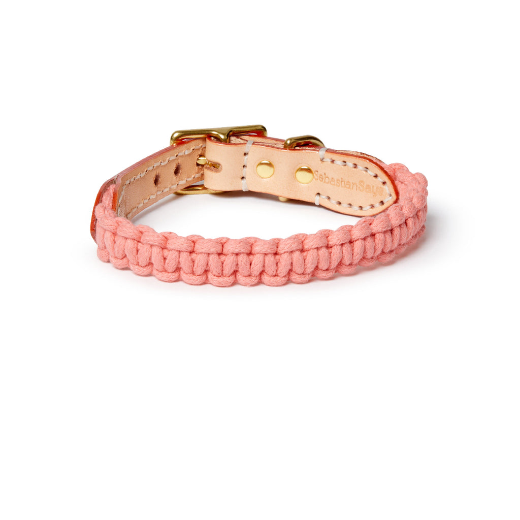 Macramé/Leather Dog Collar - Rose Pink