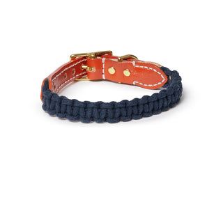 Macramé/Leather Dog Collar - Orange/Indigo