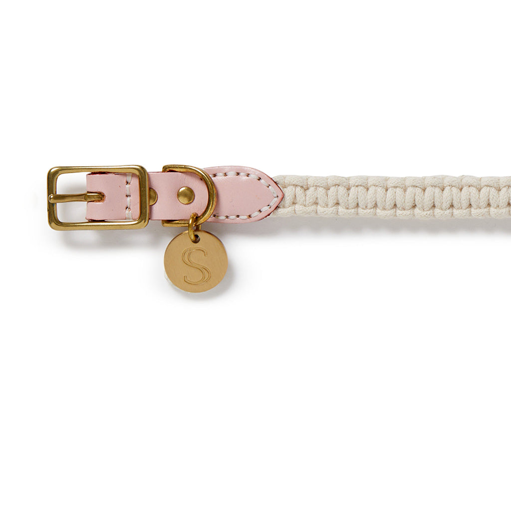 Macramé/Leather Dog Collar - Soft Pink