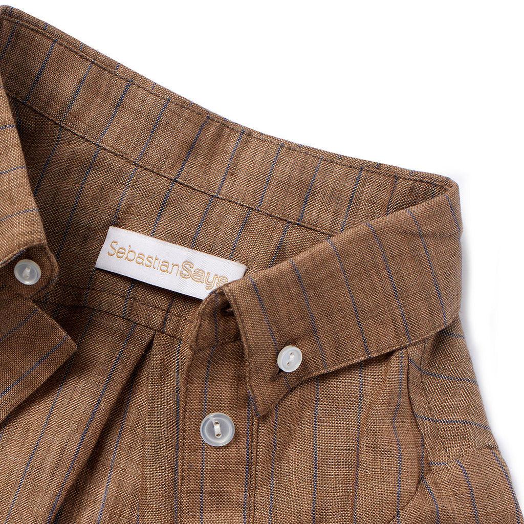 French Linen Shirt - Brown/Blue Pinstripe