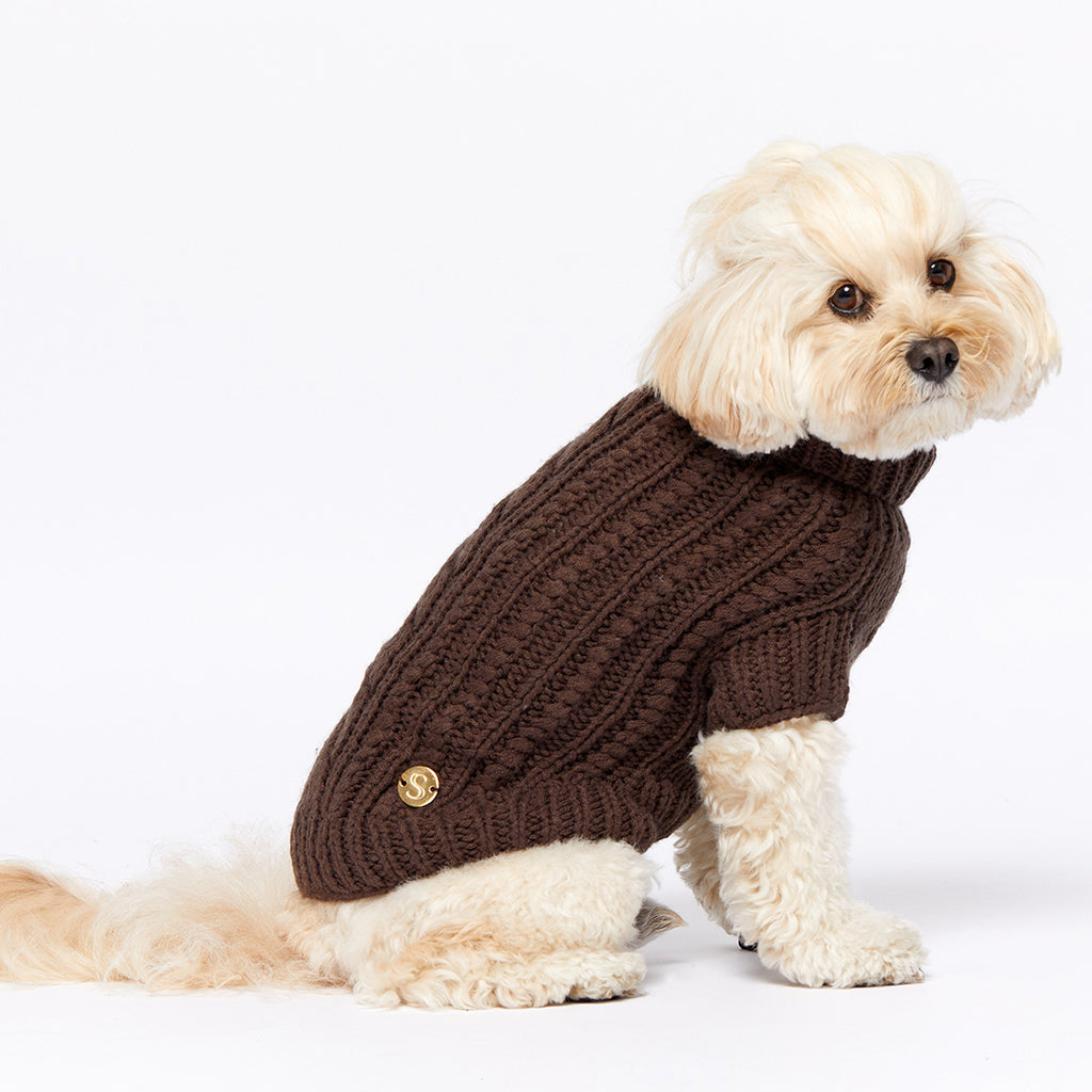 Merino Wool Cable Knit Dog Sweater - Brown